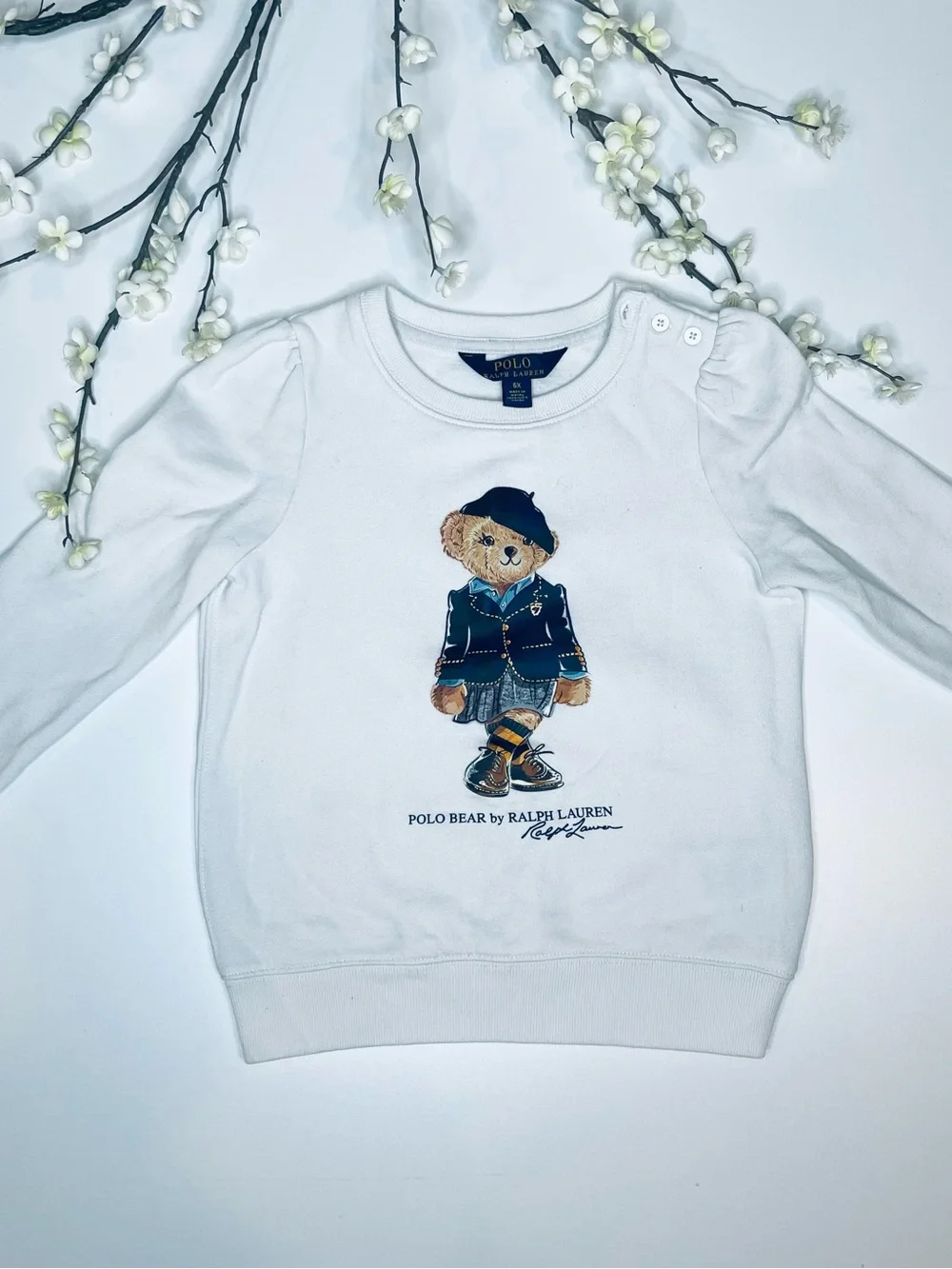Ralph Lauren White Polo Bear Long Sleeve Sweatshirt with Navy Accent